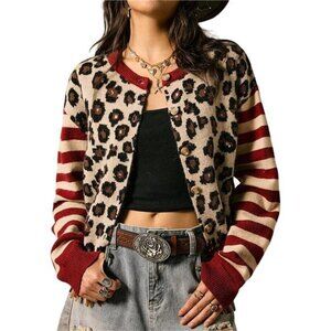 Leopard Cardigan Button Down Color Block Red and Brown Y2k Sweaters Long Sleeve